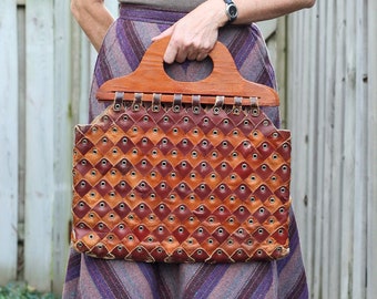 Vintage Pieced Leather Eyelet Handbag Purse - 1970s Pieced Leather Bag - Wooden Handle Leatherwork Purse - 70s Boho Hippie