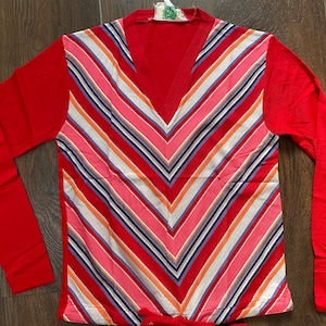 Vintage 70s Chevron Stripe Red Knit Pullover Top Multicoloured Pullover Sweater Vintage Jumper HELEN SUE Gifts For Her - Medium