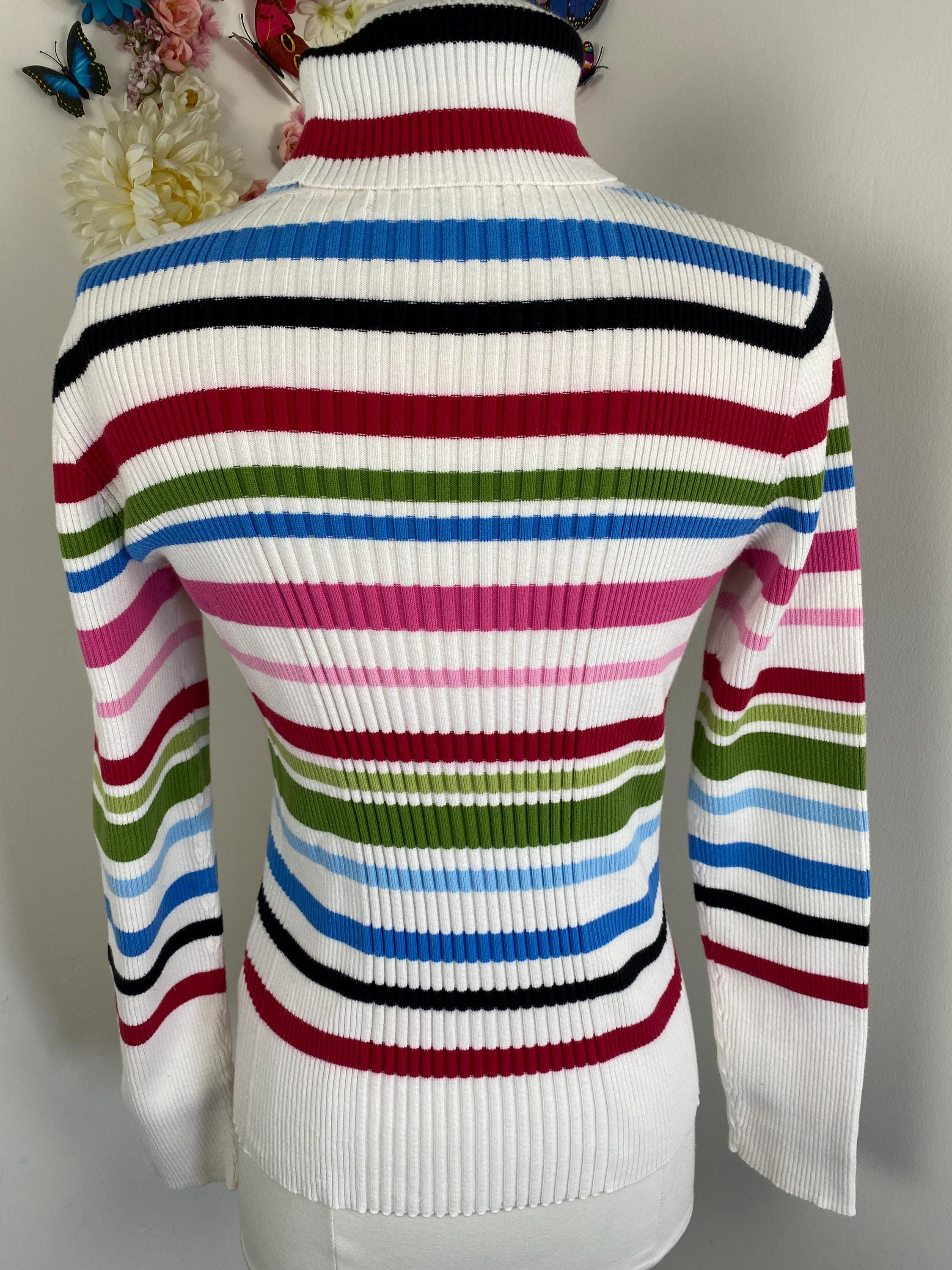 Vintage Sweater Rainbow Striped Turtleneck Knit Ski Sweater