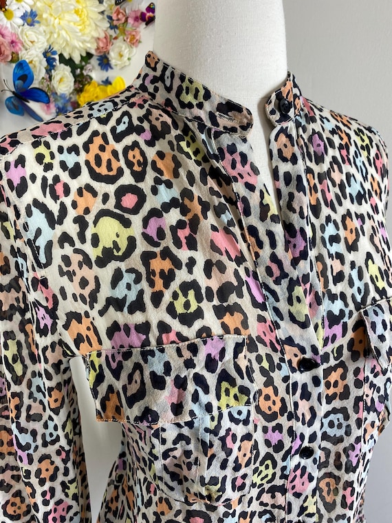 Leopard Print Silk Blouse Vintage Y2K BCBG Animal Print Rainbow Pastel Semi Sheer Novelty Print Blouse Funky Boho Shirt - S/M