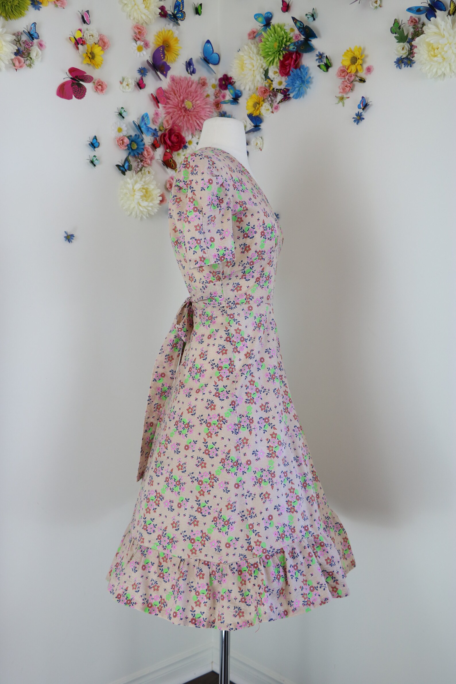 1960s Vivid Floral Print Cotton Dress | XS/S