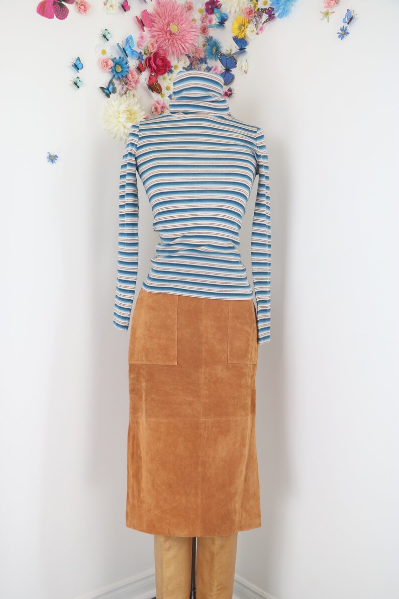 Long Caramel Brown Pencil Skirt Medium 28 Waist Retro Hipster Diagonal Zipper Closure 90s Does 70s Brown Suede Midi Skirt Pockets