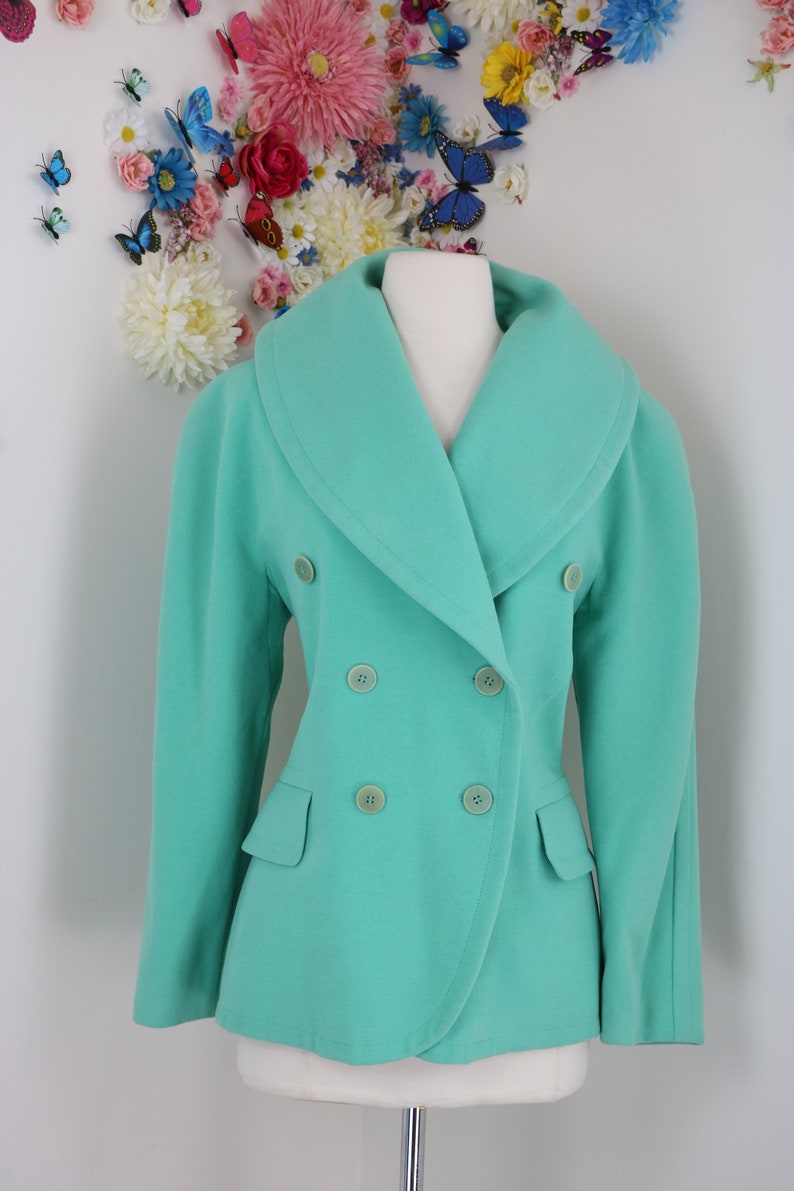 1980s Vintage ESCADA Designer Blazer Double Breasted Jacket Pastel Mint Green Angora Wool Cashgora 38 EU S/M US Classic Timeless image 2