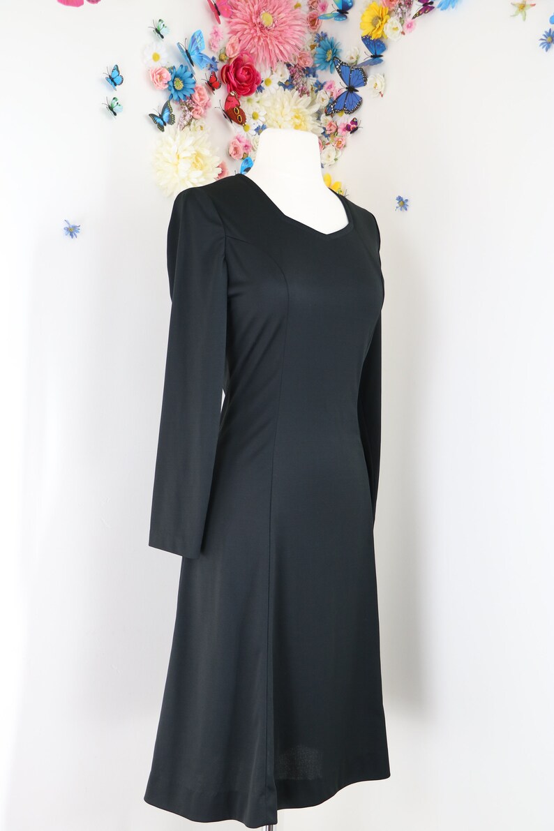 1970s Black Skater Dress Small SEARS Long Sleeve LBD Little Black Dress Vintage Day Dress Wear To Work image 5