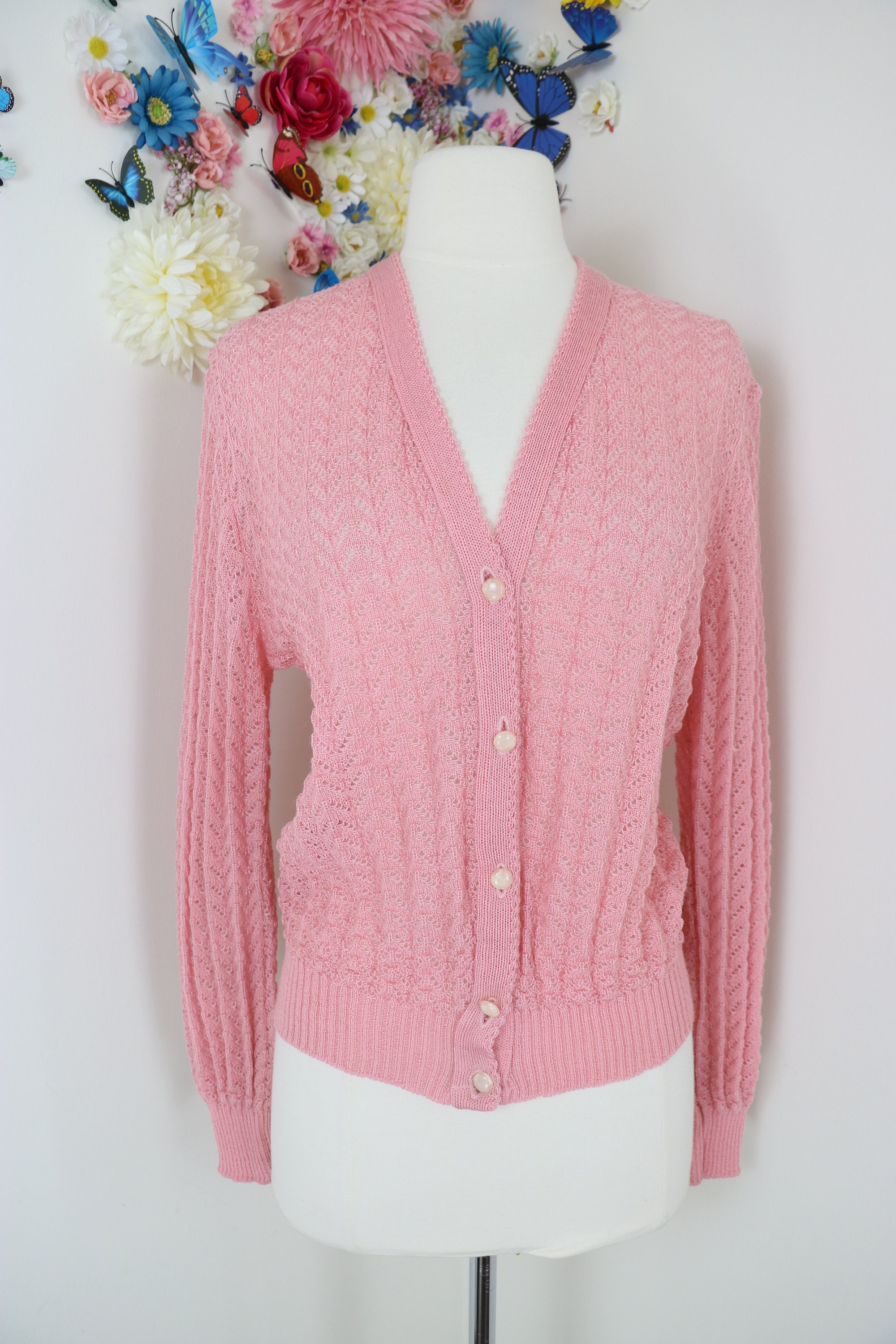Pastel Pink Cardigan Sweater Vintage 1960s Crocheted Acrylic | Etsy