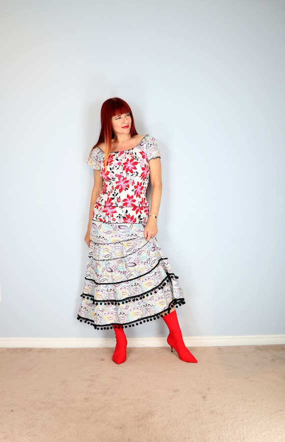 Vintage 1980s Floral Mexican Maxi Dress - Psychede