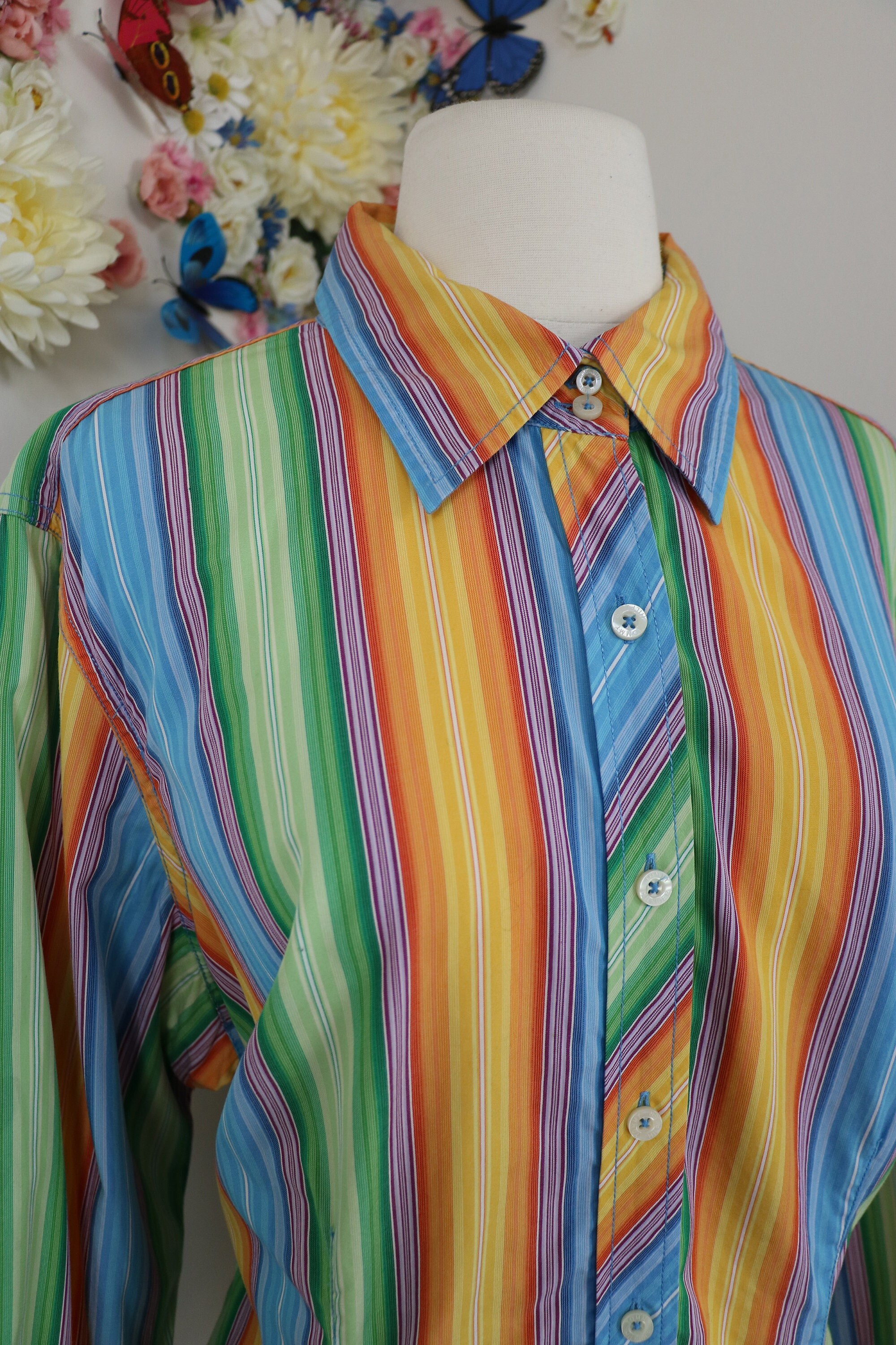 Vintage 80s 90s Rainbow Striped Shirt TOMMY HILFIGER 1990s Button