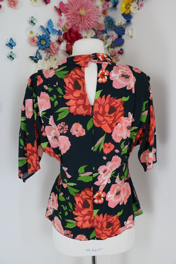 40s Style Vintage Floral Blouse - Peach Black - R… - image 9