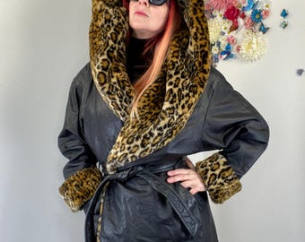 Black Leather Leopard Coat Vintage DANIER 1980s Hooded