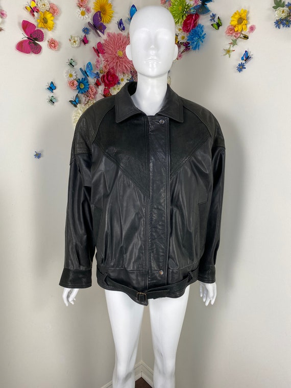 Oversized Black Leather Bomber Jacket Vintage 1980s SHARP Oversized Black Leather Bomber Jacket Vintage 1980s SHARP