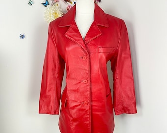 80s Red Leather Jacket - Vintage 1980s OCEAN WEST Mid Length Fall Coat - Classic Blazer Style Leather Jacket - Retro Hipster - Medium