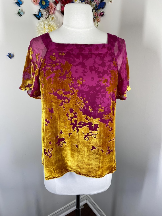 Y2K Velvet Silk Blouse ANTHROPOLOGIE Top Romantic Pink Gold Evening Short Sleeve Boho Blouse Party Elegant Date Night Top - XS/S