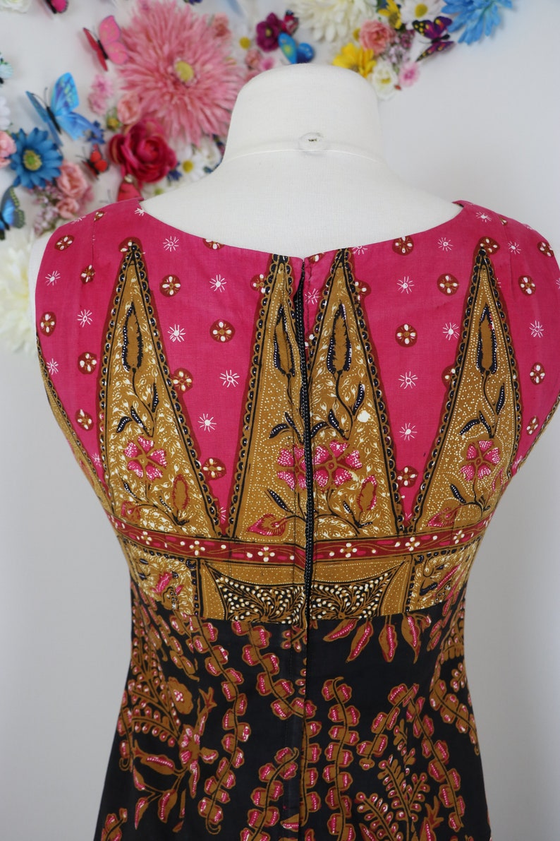 Graphic Print Hippie Boho Vintage 60s Indian Batik Maxi Cotton Dress Summer Spring XSS 28 Waist 32 Bust Sleeveless Midi