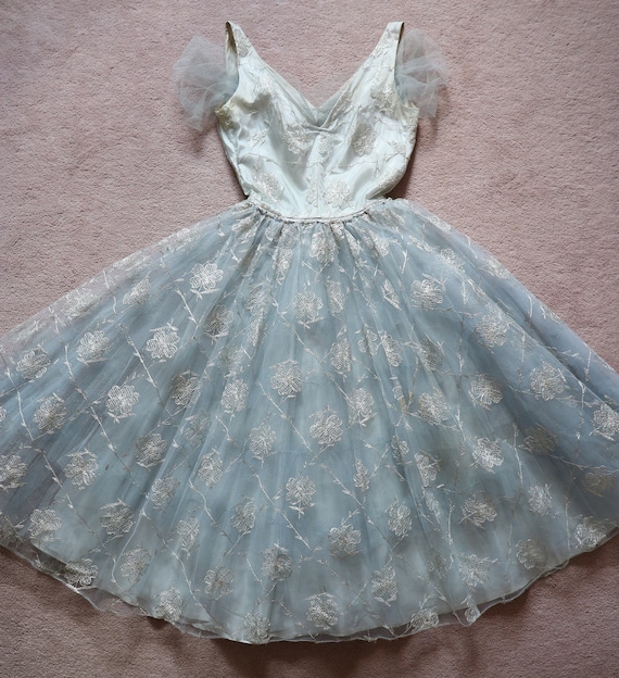 Vintage 1950s Tulle Tea Dress - Grey Blue Silver … - image 1