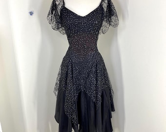 Vestido de noite vintage preto estilo gótico anos 80 com renda brilhante para festas formais, tamanho XS/S.