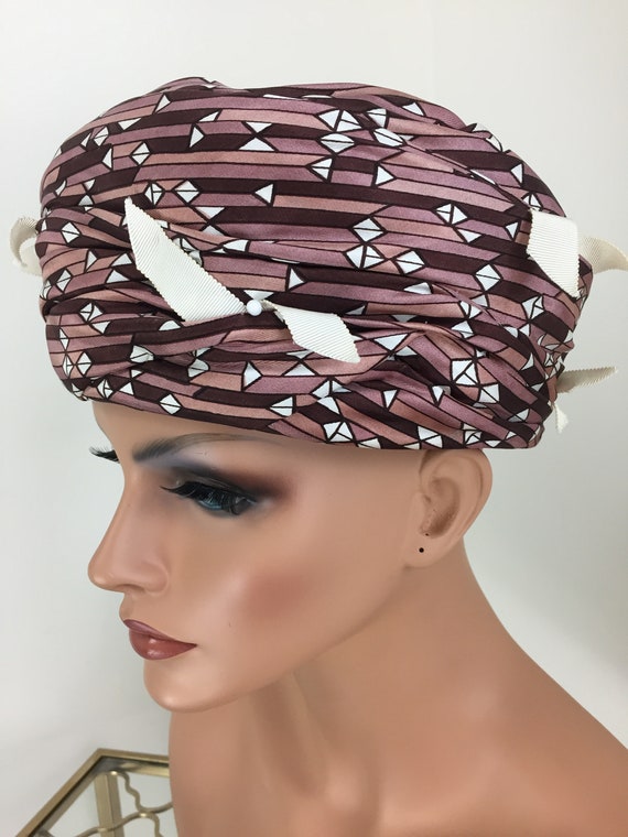 1950s Vintage Brown Pillbox Silk Turban Hat - 50s… - image 7