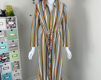 Rainbow Striped Terry Cloth Loungewear Housecoat Dress Beach Bathing Suit Coverup With Pockets - 70s Boho Dressing Gown - Medium