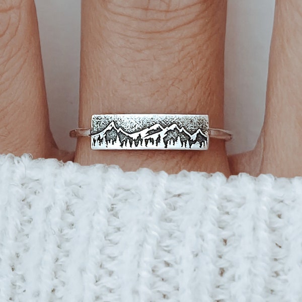 Forest Mountain Ring, Dainty Nature Ring, Silver Forest Ring, Mountain Forest Jewelry Outdoor Christmas Gift Women