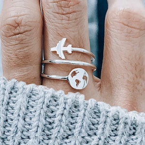 World Map Ring with Airplane Gold Travel Ring Silver World Ring Travel Gifts For Women Adventure Ring