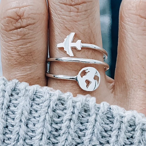 World Map Ring With Airplane Travel Ring Stacking World Etsy