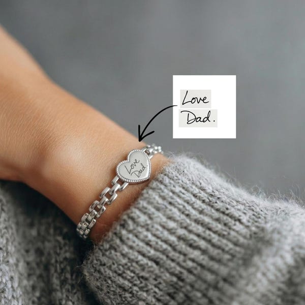Engraved Handwriting Bracelet Signature Personalized Actual Handwritten Memorial Heart Bracelet