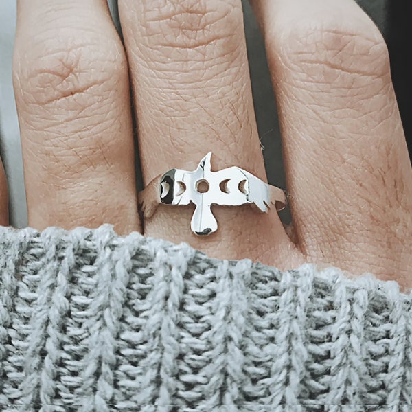 Silver Raven Moon Phases Ring, Gold Raven Ring, Witch Ring, Celestial Ring Crow Ring Hawk Ring Christmas Gift