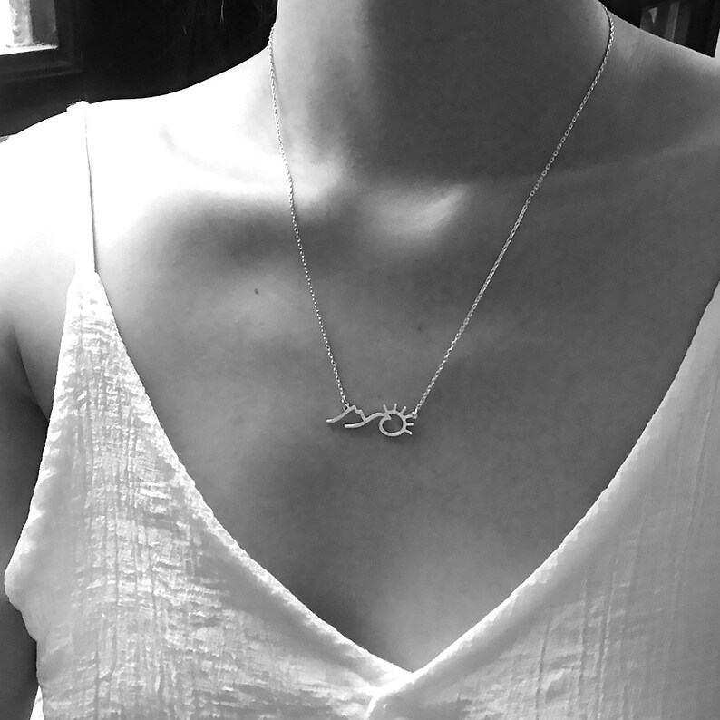 Gift For Women Mountain Necklace Mountain Jewelry Sunshine Necklace Wave Necklace Wave Jewelry Sunrise Silver Sun Necklace Outdoor