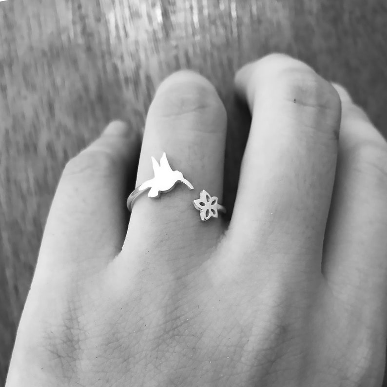 HummingBird Ring with Flower Nature Ring Dainty Ring Etsy