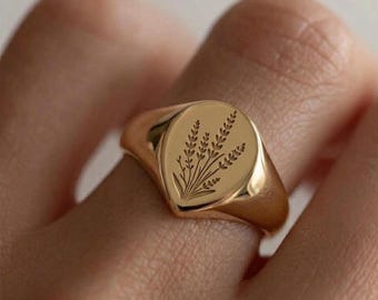 Gold Lavender Signet Ring: Floral Statement Jewelry Gift