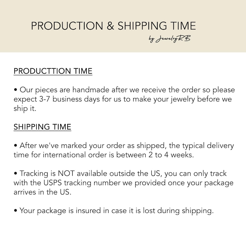 Puede incluir: Texto sobre fondo blanco que dice "PRODUCTION & SHIPPING TIME by Jewelry RB." El texto detalla el tiempo de producci&oacute;n como 3-7 d&iacute;as h&aacute;biles y el tiempo de env&iacute;o como 2-4 semanas para pedidos internacionales. El seguimiento no est&aacute; disponible fuera de los EE. UU.