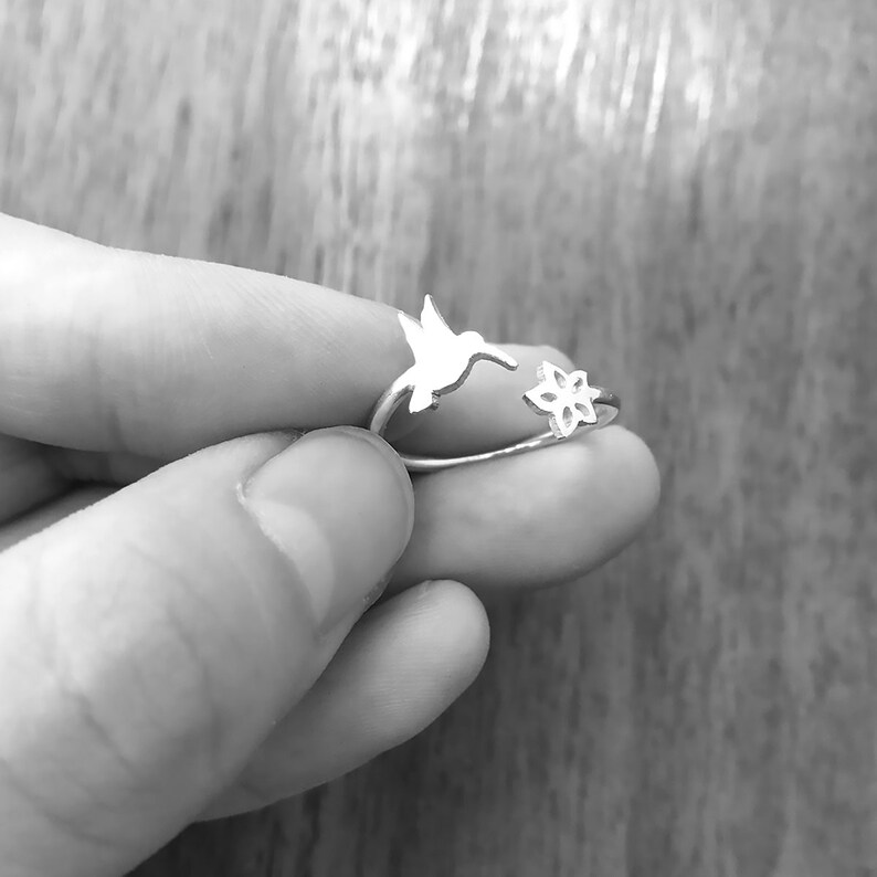 HummingBird Ring with Flower Nature Ring Dainty Ring Etsy