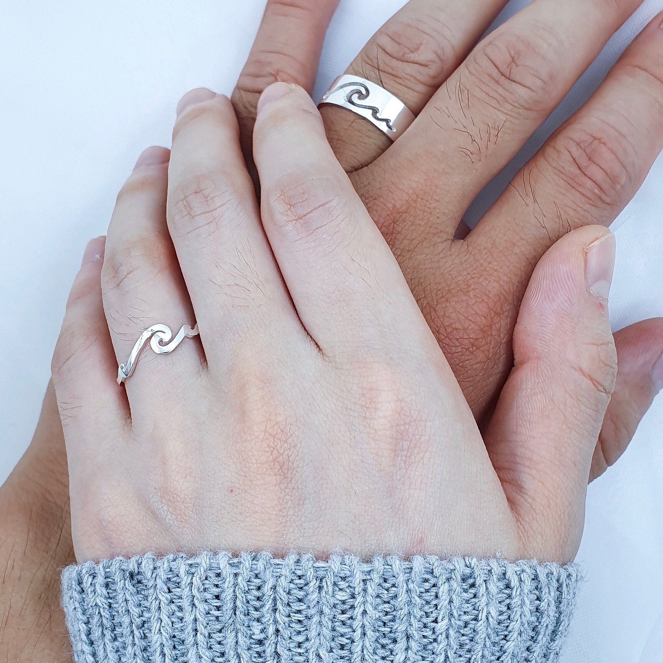 Wave Promise Ring Set His and Hers Promise Rings for Couples Wedding Bands Set Matching Couple Ring Set Couples Jewelry Gift