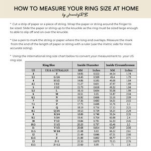 Puede incluir: Gu&iacute;a informativa sobre c&oacute;mo medir la talla de tu anillo en casa. Incluye instrucciones para medir la circunferencia del dedo con papel o hilo, y una tabla de conversi&oacute;n de tallas de anillos con tallas de EE. UU., Reino Unido y Australia.