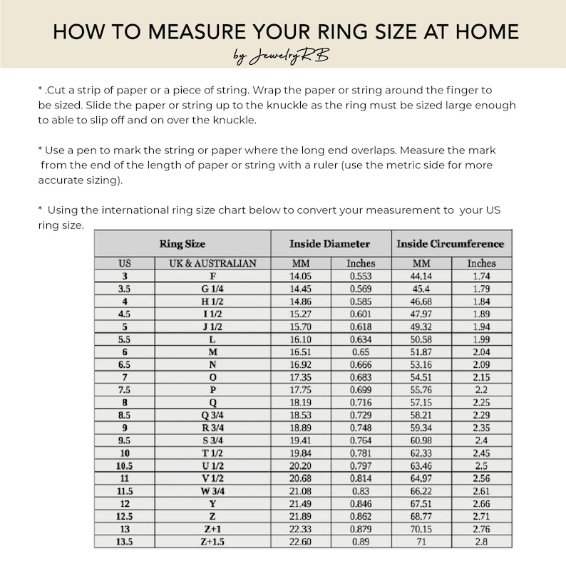 Puede incluir: Gu&iacute;a informativa sobre c&oacute;mo medir la talla de tu anillo en casa. Incluye instrucciones para medir la circunferencia del dedo con papel o hilo, y una tabla de conversi&oacute;n de tallas de anillos con tallas de EE. UU., Reino Unido y Australia.