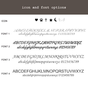 以下が含まれることがあります： 「icon and font options」と題された表には、ハート、肉球、十字架、星、月、翼の6つの黒いアイコンが表示されています。その下には、アルファベットの大文字と小文字、および0から9までの数字を含む4種類の黒いフォントスタイルが並んでいます。