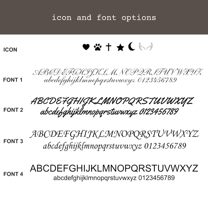 以下が含まれることがあります： 「icon and font options」と題された表には、ハート、肉球、十字架、星、月、翼の6つの黒いアイコンが表示されています。その下には、アルファベットの大文字と小文字、および0から9までの数字を含む4種類の黒いフォントスタイルが並んでいます。