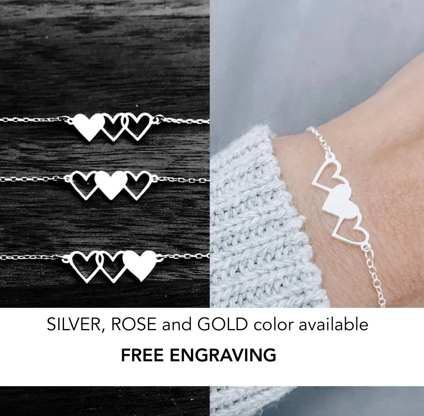 Trio Hearts Bracelet: Sisterhood Friendship Jewelry Gift