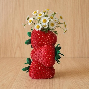 May include: A whimsical strawberry-shaped vase, crafted in vibrant red with white speckles, holds a bouquet of delicate white daisies with yellow centers. Green leaves accent the vase, creating a charming floral arrangement. The vase is a unique decorative piece.