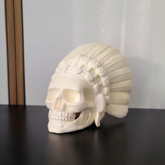 Feathered Skull Sculpture, Hand Painted Boho Gothic Decor