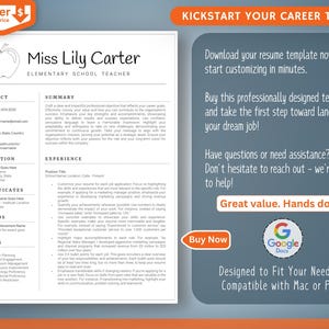 Op de afbeelding: Een cv-sjabloon voor "Miss Lily Carter, basisschoolleraar." Het ontwerp bevat secties voor contactgegevens, opleiding en vaardigheden. De tekst luidt "Kickstart Your Career Today!" en "Great value. Hands down."