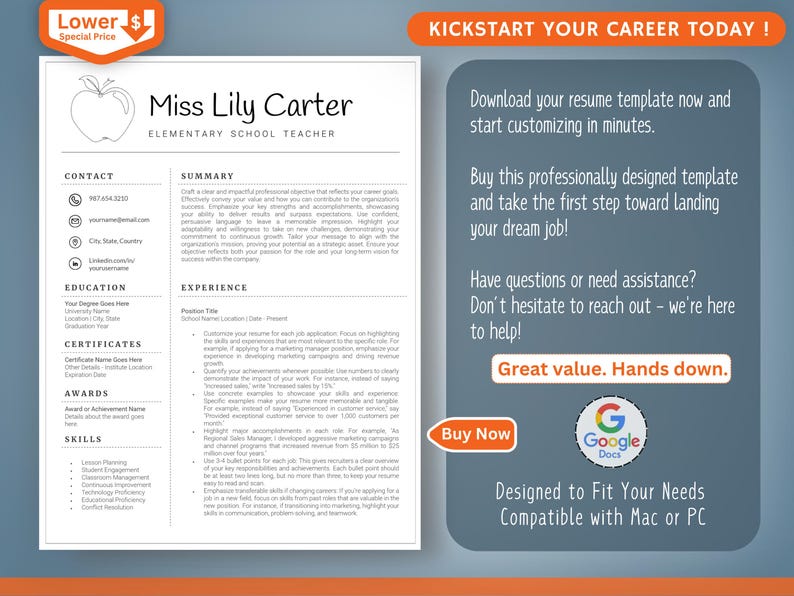 Op de afbeelding: Een cv-sjabloon voor "Miss Lily Carter, basisschoolleraar." Het ontwerp bevat secties voor contactgegevens, opleiding en vaardigheden. De tekst luidt "Kickstart Your Career Today!" en "Great value. Hands down."