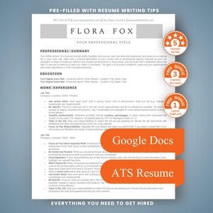May include: A white resume template titled Flora Fox with sections for professional summary, education, and work experience. It includes orange circular badges for 5-star rating, 3 e-books, and 1 Canva template, plus orange tabs labelled Google Docs and ATS Resume.