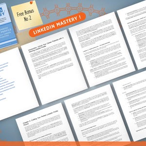 Op de afbeelding: Een boek getiteld "LinkedIn Mastery" met een blauwe kaft en witte tekst, samen met verschillende open tekstpagina's. Een plakbriefje luidt "Free Bonus No 2". De tekst "LinkedIn Mastery!" wordt weergegeven op een oranje banner.
