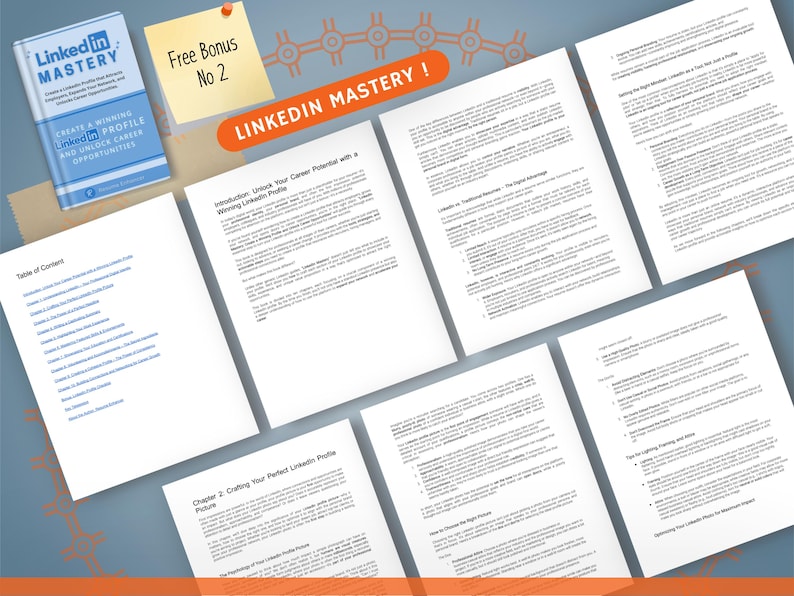 Op de afbeelding: Een boek getiteld "LinkedIn Mastery" met een blauwe kaft en witte tekst, samen met verschillende open tekstpagina's. Een plakbriefje luidt "Free Bonus No 2". De tekst "LinkedIn Mastery!" wordt weergegeven op een oranje banner.