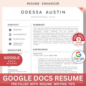 May include: A Google Docs resume template with a red, white, and blue color scheme. The template includes a section for contact information, education, experience, and a summary. The template also includes a free bonus of three e-books. The text "Google Docs Resume" is displayed in large, bold letters at the top and bottom of the template.