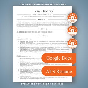 May include: A white resume template with black text, featuring sections for summary, education, and experience. It includes orange circular badges with text and two orange rectangular labels labeled Google Docs and ATS Resume.