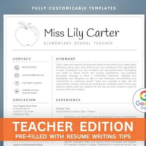 Op de afbeelding: Een cv-sjabloon voor een basisschoolleraar, met een appelomtrek en de naam "Miss Lily Carter". Het ontwerp bevat secties voor contactgegevens, opleiding en ervaring, met tips voor het schrijven van een cv.