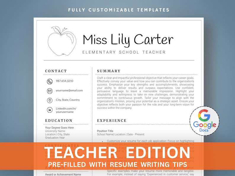 Op de afbeelding: Een cv-sjabloon voor een basisschoolleraar, met een appelomtrek en de naam "Miss Lily Carter". Het ontwerp bevat secties voor contactgegevens, opleiding en ervaring, met tips voor het schrijven van een cv.