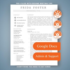 Administrative Assistant Resume Template Office Support CV Google Docs ATS Friendly Modern Secretary
