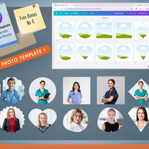 Op de afbeelding: Een digitaal ontwerp met een Canva-sjabloon voor cv-foto's. Het ontwerp bevat een laptopscherm met sjablonen voor afbeeldingen, samen met voorbeeldfoto's van mensen. De tekst op het ontwerp luidt "Canva Template To generate Resume Photo" en "Free Bonus No 4".